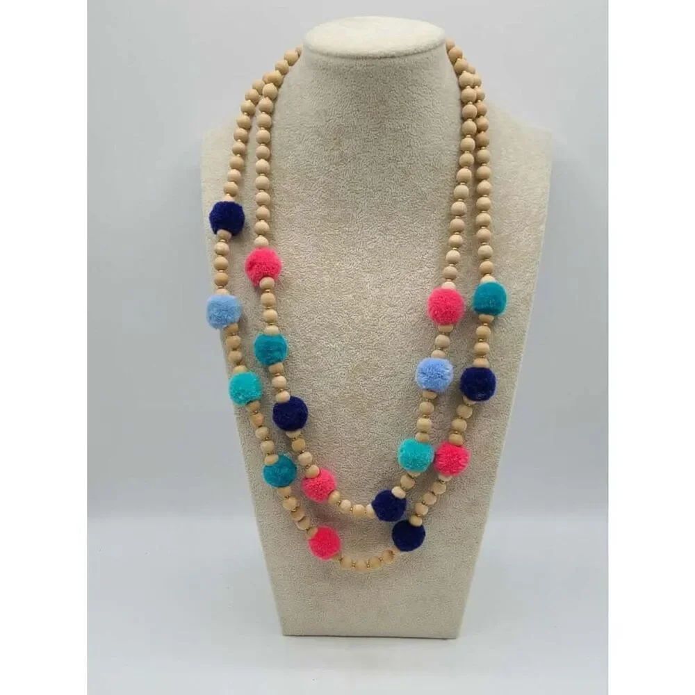 J Crew Wooden Bead and Bright Pom Pom Double Necklace